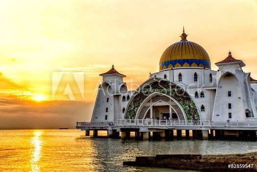 Picture of Sunset over Masjid selat Mosque in Malacca Malaysia